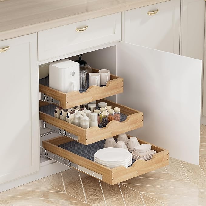 DINDON 3 Tier Pull Out Cabinet Organizer 14”W X21”D Slide Out Shelves With Shelf Liner for Kitchen Wood Roll Out Drawers Pantry Organization - Image 4