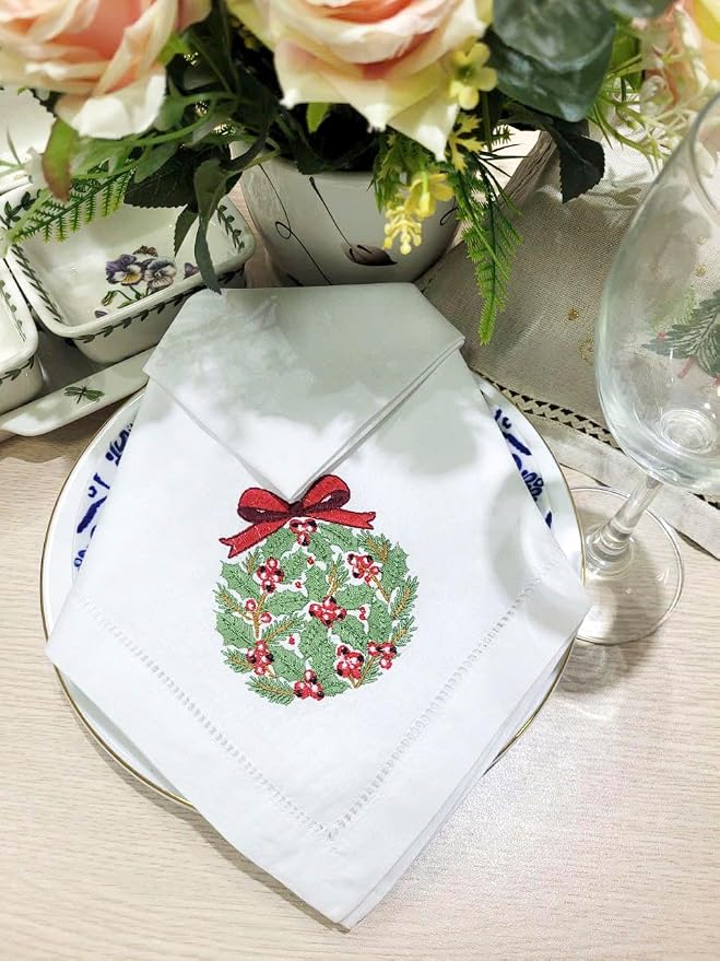 Embroidered Cloth Napkin Pine Christmas Wreath Cotton Napkins Set of 6, 20 x 20 Hemstitch Table Napkins, Machine Washable, for Daily & Holiday Dining, Great Gift Ideas - Image 2