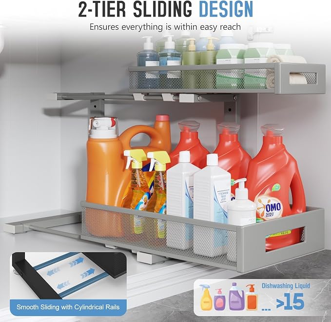 1 Pack 17IN Depth Under Sink Storage Organizer, Large 2-Tier Elegant Mesh Pull Out Shelf for Kitchen and Bathroom Cabinet Organization, L-Shaped and Adjustable Height Design-Gun Gray - Image 5