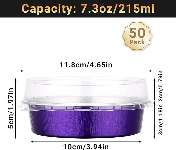 Beasea 4 Inch Pie Tins with Lids, 50 Pack 7.3 Oz Disposable Mini Tart Tins, Aluminum Foil Baking Tins Small Round Muffin Container Mini Cheesecake Cups for Pie Tart Quiche - Violet Purple - Image 2