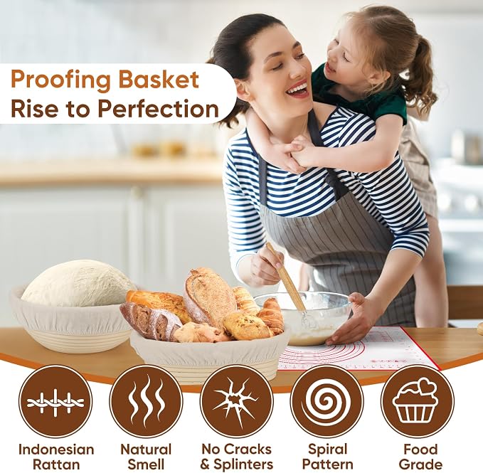 Sourdough Starter Kit, Round & Oval Banneton Bread Proofing Baskets | Sourdough baking kit with starter jar, dough whisk, scraper & bread sling. Sourdough bread baking supplies for home bakers. - Image 3
