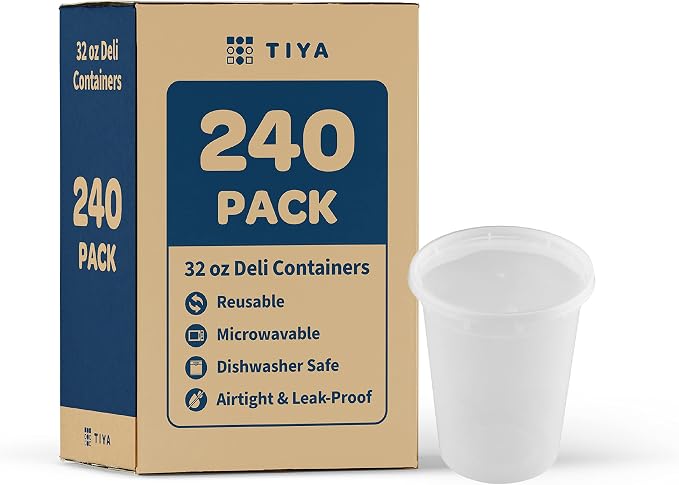 TIYA Food Containers - 32oz Bulk 240 Pack with Lids - Plastic Food Storage to-Go Containers - Reusable Microwavable Dishwasher Safe Cups - Airtight Leak Proof for Soups & Meal Prep by TTIYA