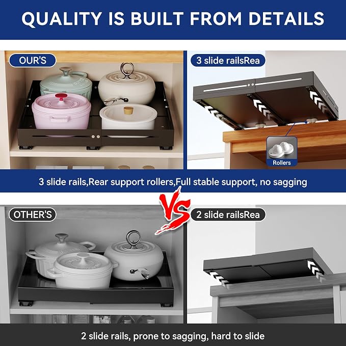 Pull out Cabinet Organizer, Full Metal Expandable Width (12.6"-20.8") & Depth (16"-24.4") Adjustable Slide out Drawers, No Drill Adhesive Roll out Shelves for Kitchen Pantry, Black - Image 4