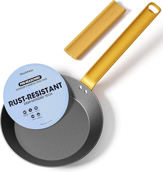 8 Inch Pre-Seasoned Nitrided Carbon Steel Frying Pan | Carbon Steel, Pre-Seasoned, Nitrided Finish, 8 Inch Pan by Stackbear-DesignsmarterLiveeasier