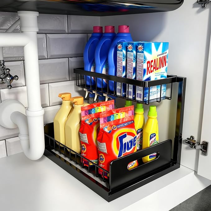Under Sink Organizer, L-Shaped Pull Out Cabinet Organizer, Kitchen | 2 Tier Metal Slide Out Shelf for Kitchen, Bathroom, Laundry, and Utility Cabinet Storage for Deep Cabinets, Black, 1 Pack by REALINN