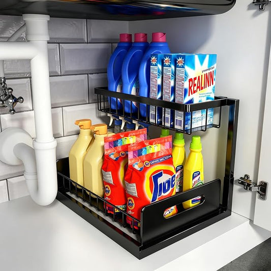 Under Sink Organizer, L-Shaped Pull Out Cabinet Organizer, Kitchen | 2 Tier Metal Slide Out Shelf for Kitchen, Bathroom, Laundry, and Utility Cabinet Storage for Deep Cabinets, Black, 1 Pack by REALINN