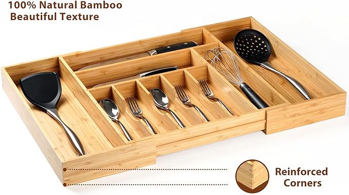 Extra Large Expandable Kitchen Siverware Utensils Drawer Organizer, 19" Deep for Big Drawer, Adjustable Bamboo Wood Drawer Divider with Curved Grooves, Cutlery Tray Flatware Holder - Image 3