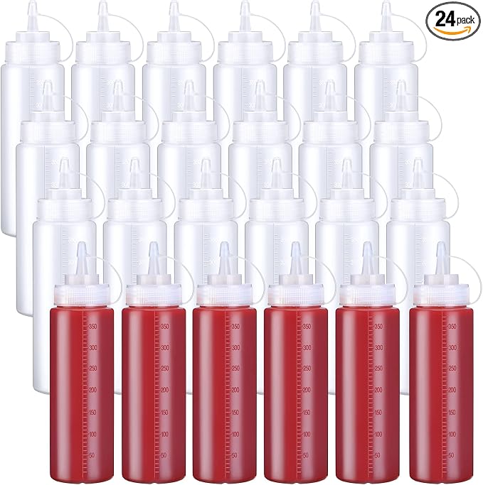 Xinnun 24 Pcs Plastic Condiment Squeeze Bottles Squeeze Leak Proof Multipurpose Squirt Bottles with Twist Top Cap for Sauces Ketchup BBQ Syrup Dressings Paint Grilling Crafts Olive Oil Arts(12 oz) by Xinnun