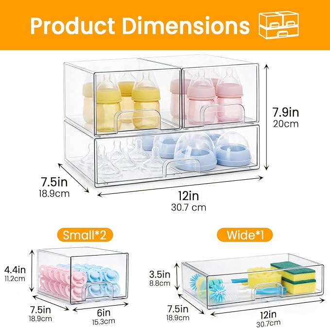 Bottle Storage Organizer Baby, Clear Stackable Storage Drawers Set for Baby Bottle, Beauty Supplies Storage, Ideal for Countertop, Vanity, Bathroom, Cabinet, Pantry Organization (7.9"H, 3 Pack) - Image 3
