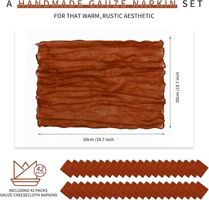 Teruntrue Set of 42 Gauze Cheesecloth Napkins Wrinkled Dinner Napkins, Terracotta Rustic Boho Napkins Soft Cotton Table Napkins Decorative Cloth Napkins for Wedding Party Table Decoration,20 x 20 Inch - Image 2