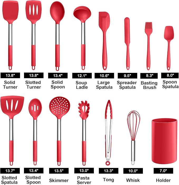 LIANYU 15-Piece Cooking Kitchen Utensils Set with Holder | Silicone Kitchen Tools Stainless Steel Handle, Slotted Spatula Spoon Turner Tong Whisk Brush for Cooking, Red - Image 2