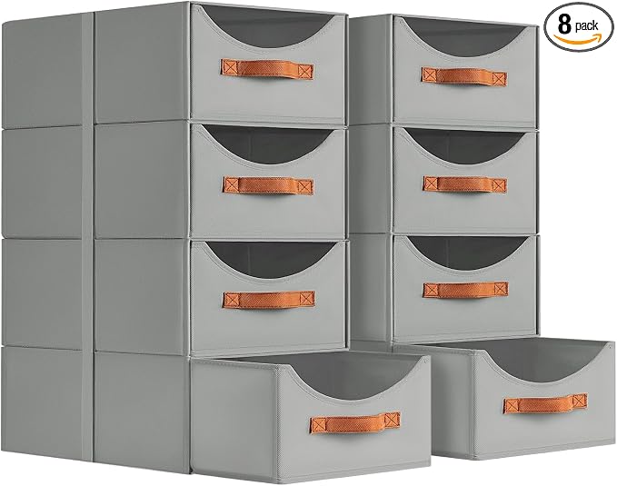 Stackable Storage Drawers - Large Collapsible Storage Bins with Drawers, 8 Pack Closet Shelf Organizer Basket, Fabric Pull Out Organizer for Bedroom, Living Room, Dorm, Grey by Homsorout