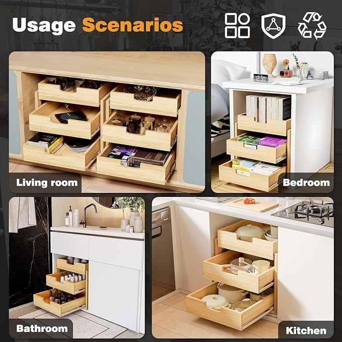 Pull Out Cabinet Organizer, 26''W×21''D Sliding Drawers for Cabinets, 3 Tier Soft Close Slide Out Wooden Pull out Drawers, Base Cabinet Organization for Kitchen, Pantry, Bathroom. - Image 7