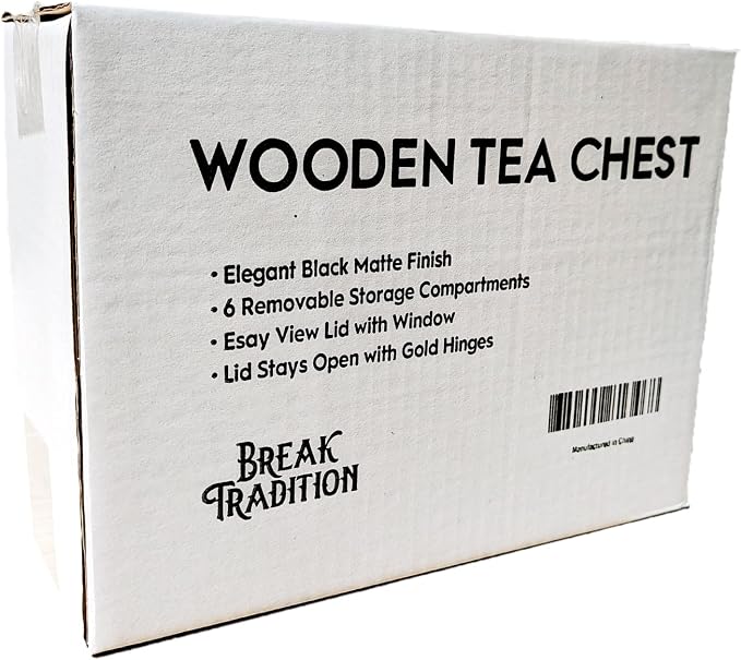 Break Tradition Wooden Tea Organizer For Tea Bags - 6 Compartments, Clear Top Window, Lid Stays Open (Black) - Image 3