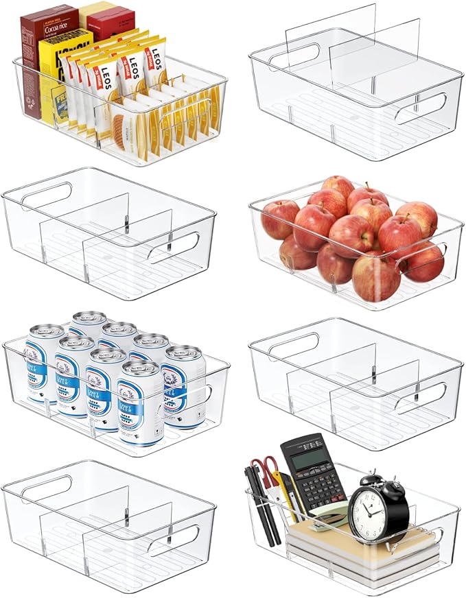 Mpotmiy 8-Pack Pantry Organizers and Storage, Clear Fridge Organizer Bins | Clear stackable plastic bins with removable dividers for packets, snacks, pouches and spices in pantry, fridge or freezer. by Mpotmiy