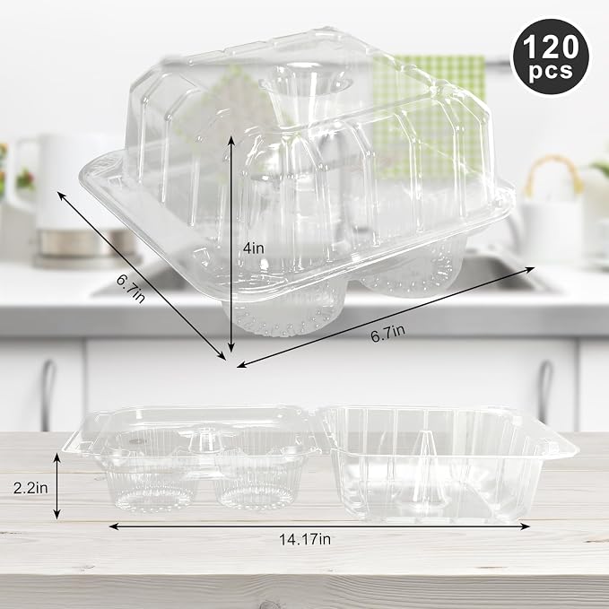 JarThenaAMCS 120 Pack Plastic Cupcake Containers 4 Compartment Clear Cupcake Boxes Tray Holders Disposable 4 Cavity Cupcakes Carriers with Deep Dome for Bakery Muffin Packaging - Image 2