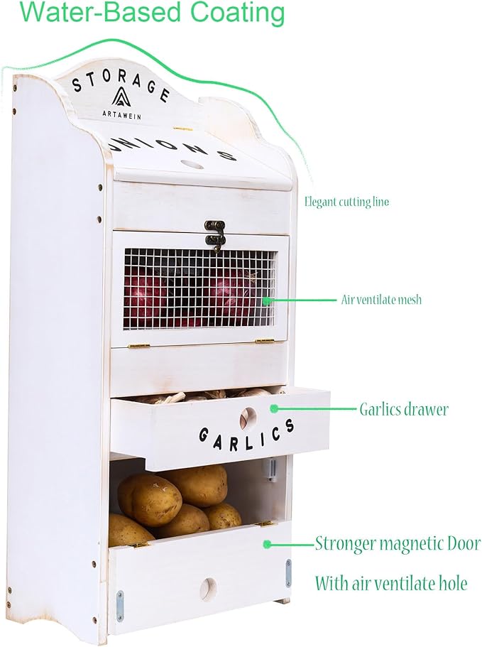 ARTAWEIN Pine Wood Veggie Bin for Potato, Onion and 1 Garlic Drawer Vegetable Box for Kitchen Storage, Solid Wood Vegetable Bin 13.77" L X 7.1" W X 29.3" H (Rustic White) - Image 2