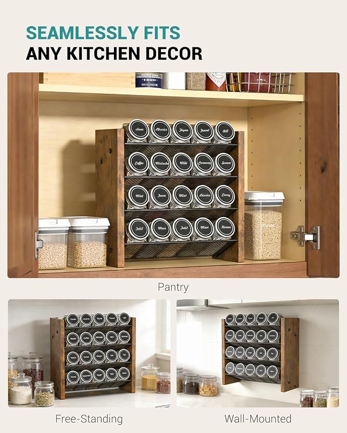 NESAPTO Spice Rack Organizer with 20 Glass Spice Jars, Wood 4-Tier Seasoning Organizer with Labels for Cabinet, Pantry, Countertop or Wall Mount, Chalk Marker and Funnel Set, 10.3" W × 9.4" H - Image 7