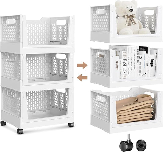 Stackable Storage Bins, Folding Collapsible Closet Organizers and Storage Bins Box, Plastic Shelves Drawer Organizer Container for Closet Office Bedroom Kitchen Bathroom with Wheels, White, 3 Pack by TRIOSEA