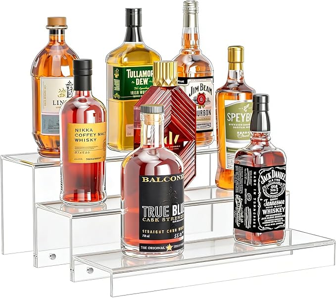 JUESHA 3 Tiers Bar Shelves for Liquor Bottles (Patent: D1076520S) | 15" Bar Organizer for Countertop, Clear Acrylic Risers Display Racks Stands for Figures Pops Cupcake Perfume Collections by Unknown