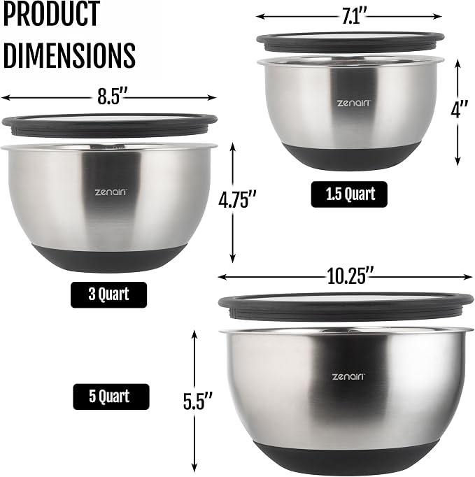 Premium Quality Stainless Steel Mixing Bowls with Lids, 3-Piece Set, Dishwasher-Safe Clear Glass Lids, No Plastics - Image 2