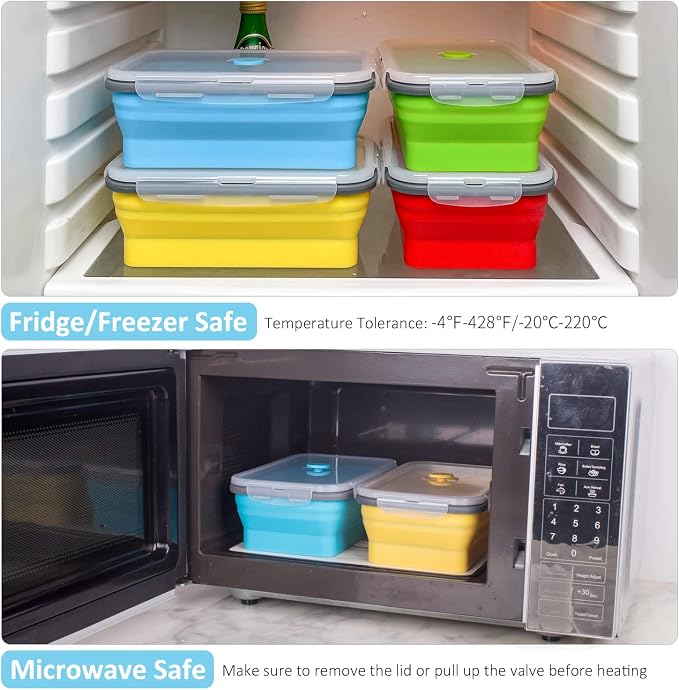 Collapsible Food Storage Containers with Airtight Lid, 40.5 oz, Large Kitchen Stacking Silicone Collapsible Meal Prep Container Set for Leftover, Microwave Freezer Dishwasher Safe, 4 Colors, Set of 4 - Image 6