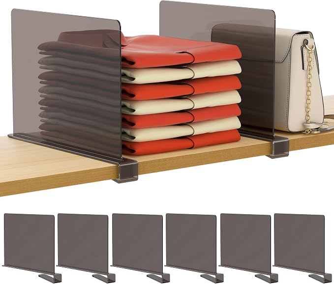 HBlife 6 Pack Grey Shelf Dividers, Vertical Purse Organizer for Closet Perfect for Sweater, Shirts, Handbags in Bedroom and Kitchen, Adjustable Acrylic Bookshelf for Organization by HBlife