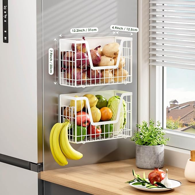 2 Set Magnetic Fridge Shelf, White Magnetic Fruit Basket for Fridge | Potato and Onion Storage Bins, Wire Baskets Magnet Shelves Spice Rack for Refrigerator Laundry Kitchen Organizer and Storage - Image 2