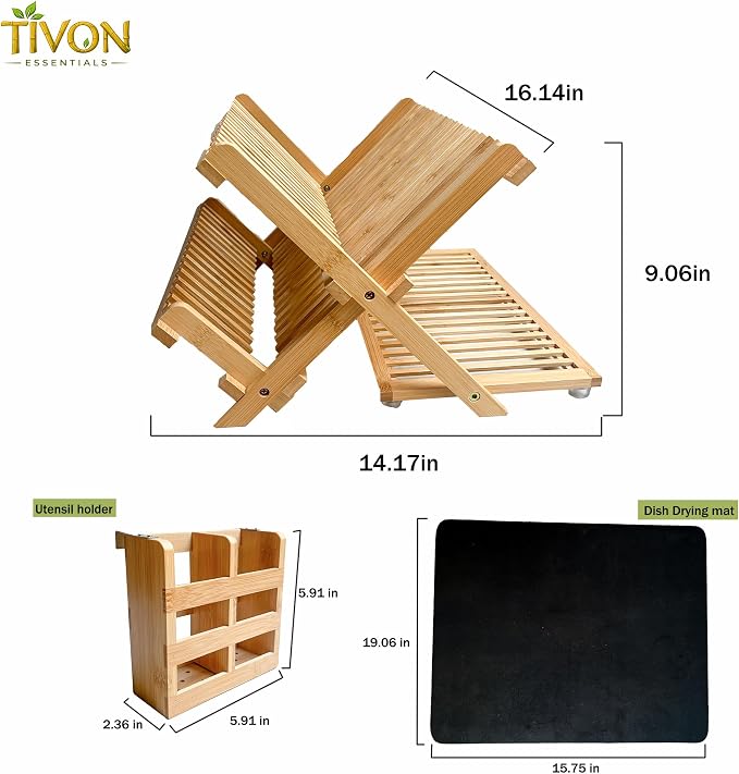 Bamboo Dish Drying Rack with Utensil Holder & Absorbent Dish Drying Mat|3Tier Collapsible Wooden Dish Rack for Kitchen Countertop|Large Foldable Dish Drainer|Kitchen Organizer for Plates Cups utensils - Image 2