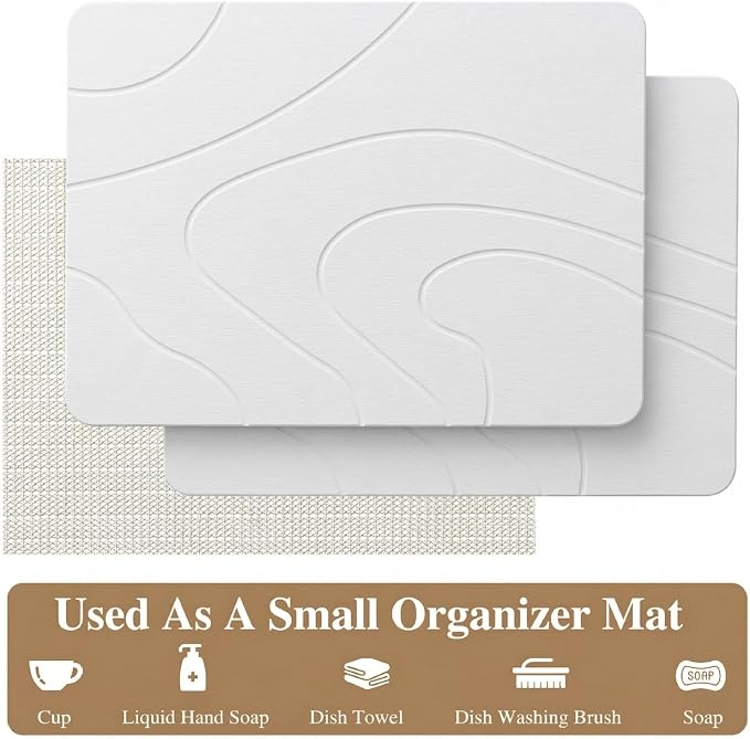 2 Pack Stone Drying Mat for Kitchen Counter,(White, 16''x12'') | Quick Dish Drying Stone Mat Kitchen,Stone Dish Drying Mat,Quick-Dry Absorbent Bath & Countertop Stone Dishes Mats - Image 6