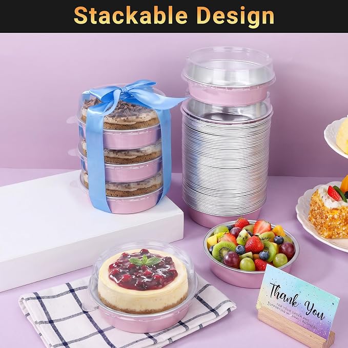 Beasea Mini Pie Pans with Lids, 50 Pack 7.3oz Disposable Aluminum Foil Tart Pans, 4 Inch Round Oven Baking Mini Cake Cups Tin for Cheesecake Pie Tart Quiche - Pastel Pink - Image 4