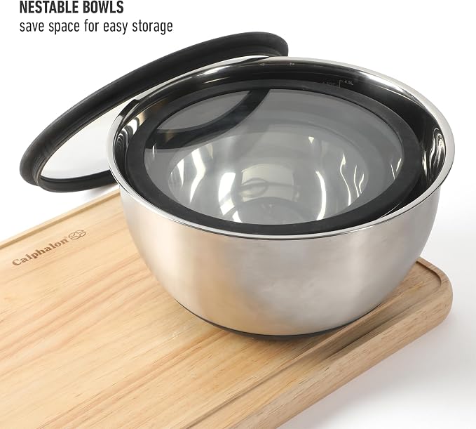 Calphalon Mixing Bowl Set, Stainless Steel Mixing Bowls With Lids, 3-Piece Stainless Steel Mixing Bowls with Glass Lids & Non-Slip Silicone Base, Prep and Storage Bowls Dishwasher Safe - Image 5