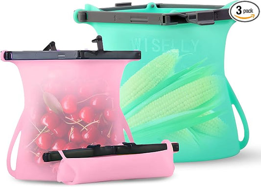 Silicone Food Storage Bags Reusable Stand-Up FoodBunker Dishwasher Safe Set of 3 (2 x 33 Oz + 101 Oz) For Freezing, Marinating Silicone Food Storage Bags by WISELLYReusableProducts