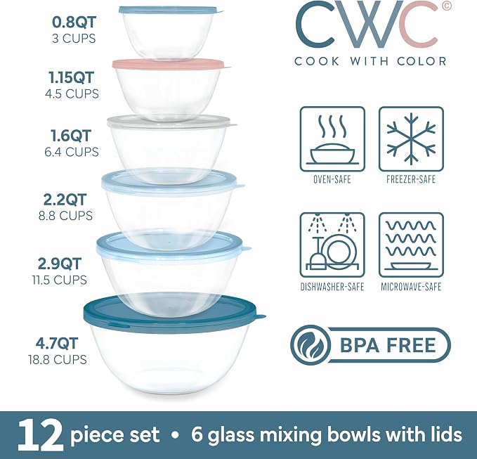 COOK WITH COLOR 12 Pc Glass Mixing Bowl Set with Lids – Borosilicate Glass Nesting Bowls for Cooking, Baking and Meal Prep, Blue/Pink - Image 2