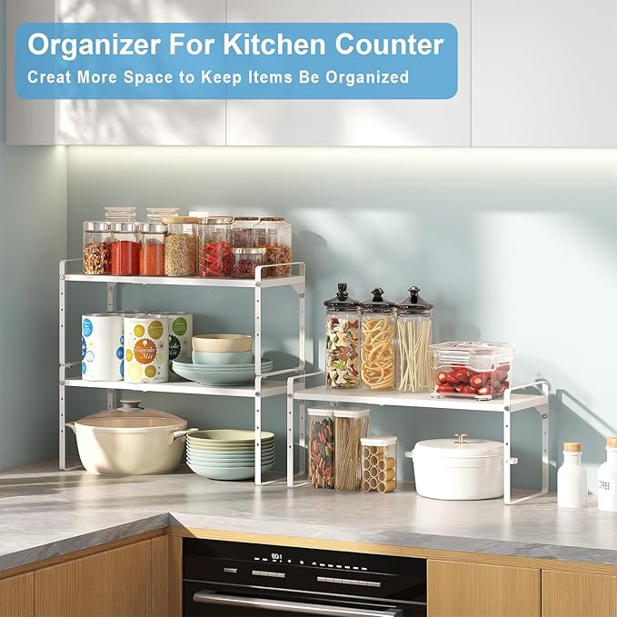 15.5 to 25.5 Inch Kitchen Cabinet Shelf Organizers, Adjustable Kitchen Counter Shelf Organizer, Set of 4 Expandable Countertop Storage Shelves, Stackable Design, 30LBS Heavy Duty, Space Saver - Image 8