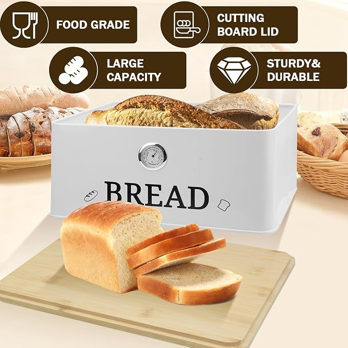 White Bread Box for Kitchen Countertop with Bamboo lid, Hygrometer Kitchen Organizer for Sourdough, Buns, and Loaves, Bread Storage Container - Image 3