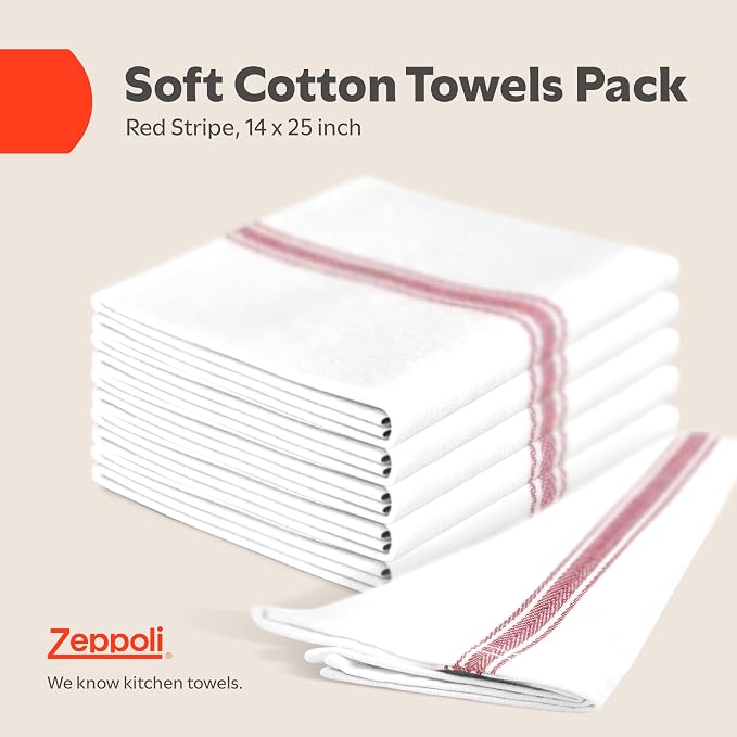 Zeppoli Classic Kitchen Towels -15 Pack 100% Natural Cotton Towel Set, Reusable Wash Cloths, Absorbent Dish Towels, Machine Washable Hand Towels, Kitchen Essentials - 14" by 25 - Red Striped - Image 2