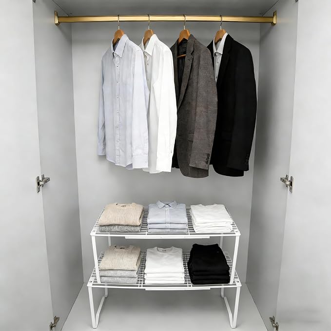 Extendable Metal Wire Shelf Organizer - Adjustable 15-24.4in Length, Stackable Storage Rack for Kitchen, Pantry, Bathroom, Shoe Cabinet & Tool Closet (2 Pack, White) - Image 7