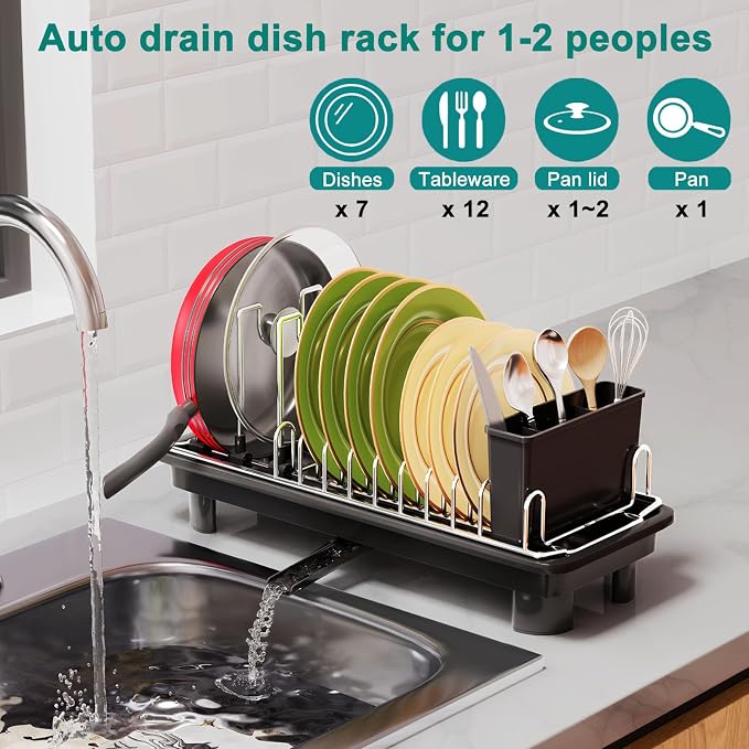 junyuan Compact Dish Drying Rack,Small Dish Rack for Kitchen Counter, Dish Drainer with 360° Rotatable Spout,Plate Rack, Dish Strainer with Cutlery Holder for Pots, Fork & Knives Space Saving - Image 2
