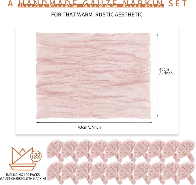 100 Pieces Cloth Napkins Pink Dinner Cheesecloth Napkins for Wedding,Wrinkled Cloth Napkins Bulk for Home Party Rustic Table Decoration, 17 x 17 Inch - Image 2