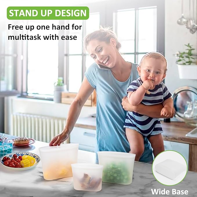 Reusable Storage Bag, 12 Pack 100% Silicone Food Storage Bags Stand Up Silicone Zip Lock Bags for Food Container, Freezer Microwave Oven Dishwasher Safe, 4 Medium 4 Small 4 Extra Small, Translucent - Image 4