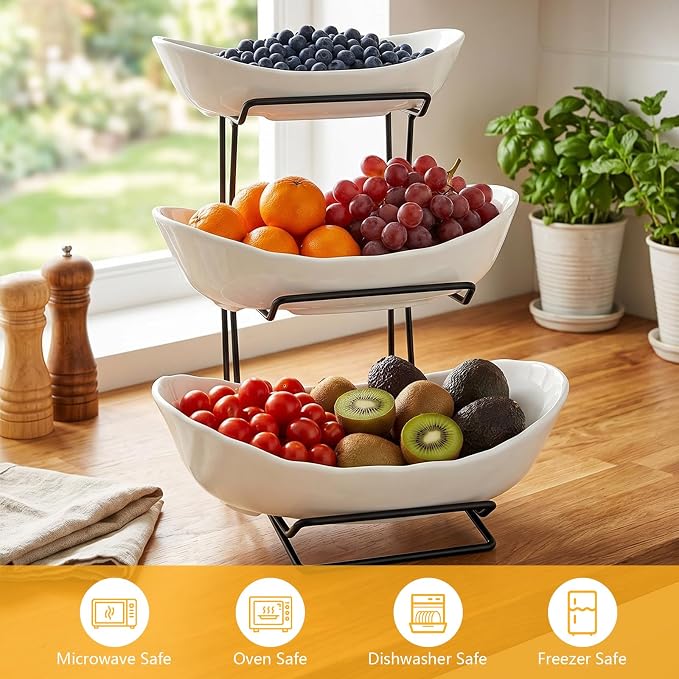 3 Tier Ceramic Fruit Basket for Kitchen Counter with Metal Stand, Fruit Bowls with Rack, Porcelain Bowls for Vegetable Bread Candy Snack Nuts Dessert Cake Tray - Image 5