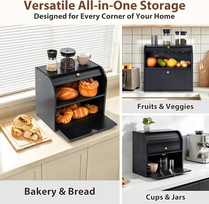 Sunhoo Wooden Bread Box for Kitchen Countertop, Roll Top Breadbox, Black | Large Double Layer Pantry Container, Solid Wood with Cutting Board, Fresh Homemade Sourdough Bin Cabinet, Vintage Farmhouse - Image 7