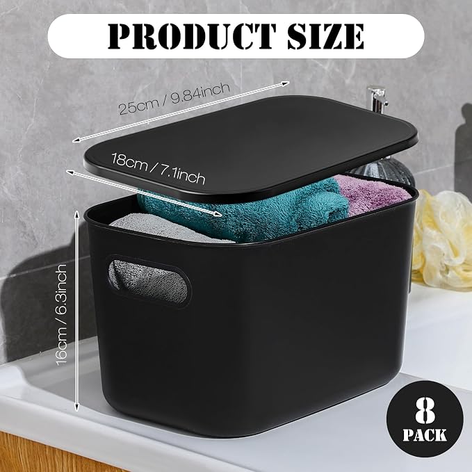 8 Pieces Colorful Storage Bins with Lid, Plastic Storage Basket Organizing Container Stackable Box with Handle for Shelves Desktop Playroom Office(9.8 x 7.1 x 6.3 Inch,Black) - Image 2