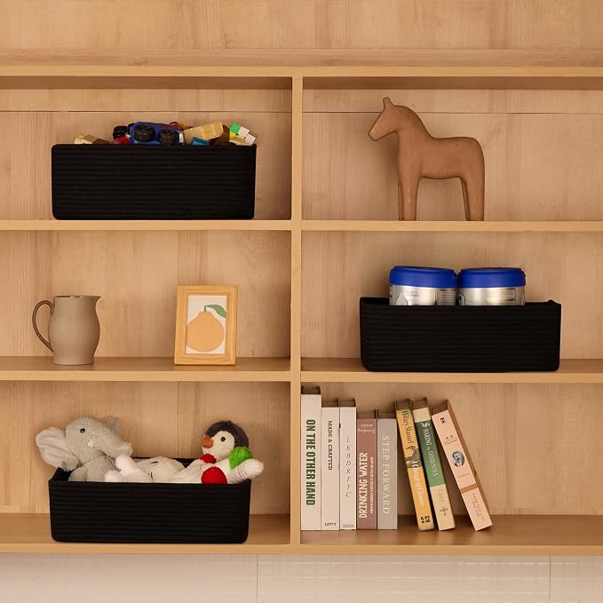 MiniArk Large Shallow Organizing Baskets 15x11x5.1 Inches - Rope Woven Storage Bins for Bathroom, Shelves, Cube Closet, Black 4 Packs - Image 3