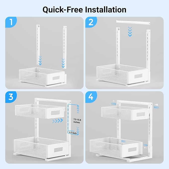TISTAYA Pull-Out Under Kitchen Sink Organizer, Metal Functional Under Sink Organizer, Height Adjustable Under Bathroom Sink Organizer, Under Sink Storage for Kitchen Bathroom Cabinet (White) - Image 8