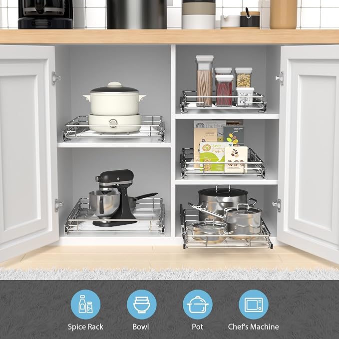 ZOINLIY Pull Out Cabinet Organizer, Slide Out Kitchen Organizers Storage | Heavy Duty Drawer Cupboard Storage Basket, Smooth Sliding, Chrome Finish - Image 2