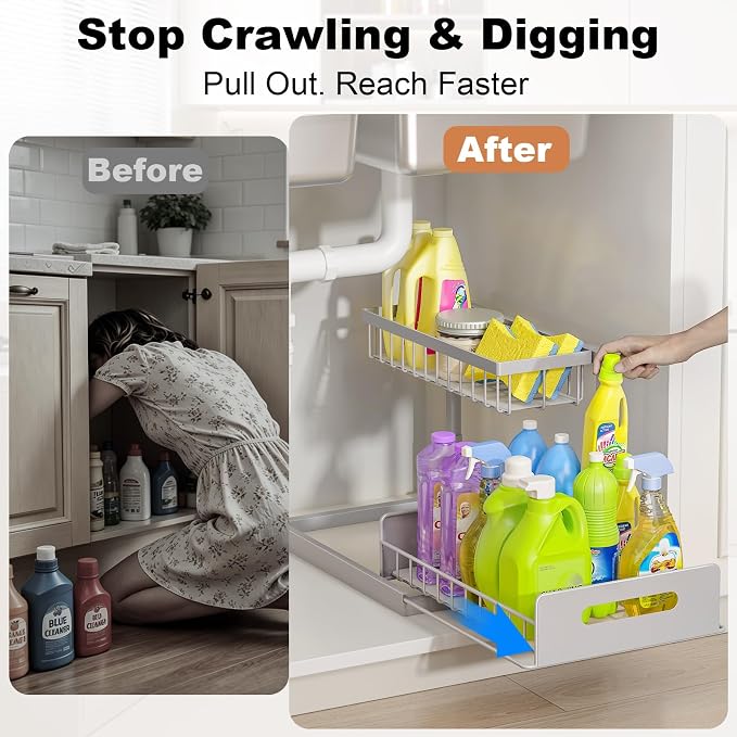 Under Sink Organizer, L-Shaped 2 Tier Pull Out Cabinet Organizer | For Kitchen and Bathroom, Slide Out Under Cabinet Storage, Metal Under Sink Storage with Sliding Drawer, 50 lbs, Grey 2 Pack - Image 4