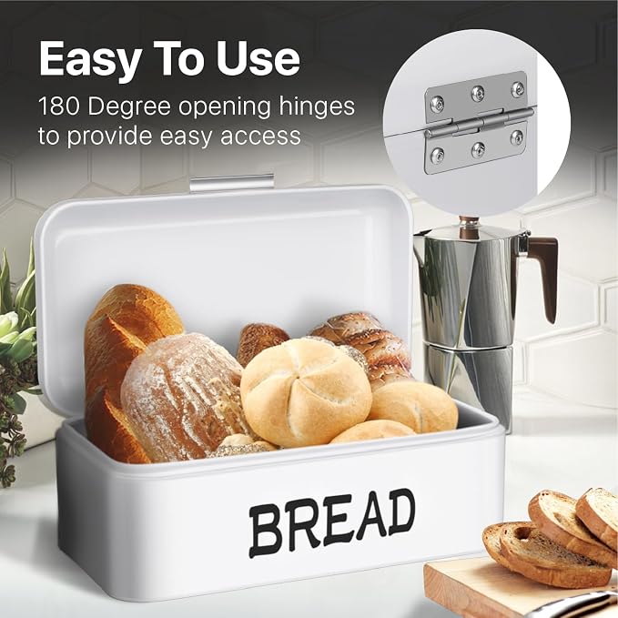 Flexzion Large Vintage Metal Bread Box for Kitchen Countertop, White | Bread Bin Storage Set Includes a White Butter Dish and Stainless Steel Butter Knife - Image 4