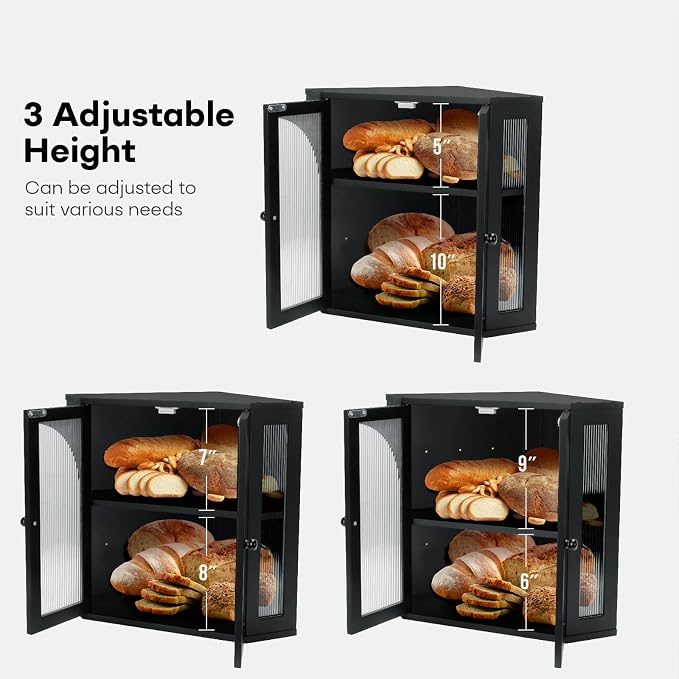 Corner Bread Box for Kitchen Countertop,Double Layer Bread Holder | 3 Adjustable Height, Large Capacity, Magnetic Acrylic Door, Bamboo Bread Storage Container for Homemade Bread, Black - Image 3